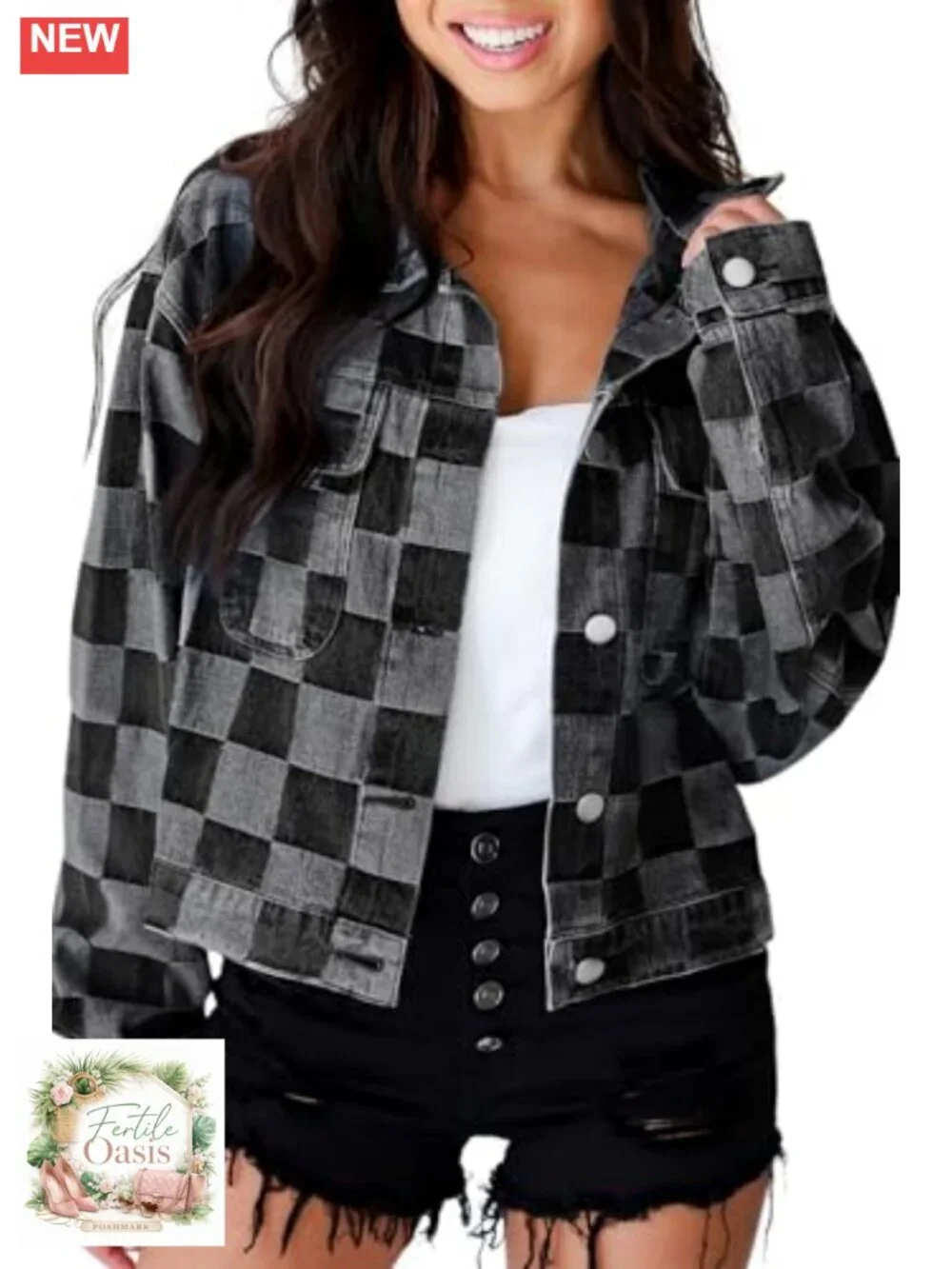 Womens Long Sleeve Button Down Denim Jacket Shacket Checkered Patchwork Cotton